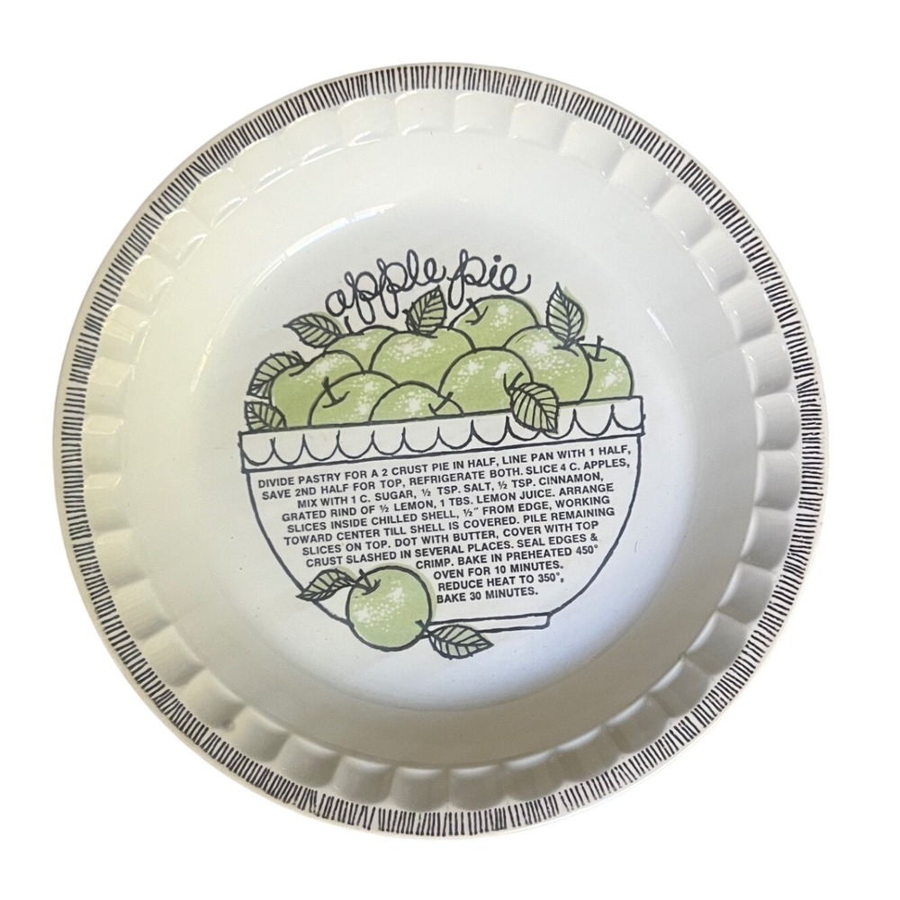 Vintage Ceramic Apple Pie Recipe Dish Fluted Edge 10 Inch Baker Green White